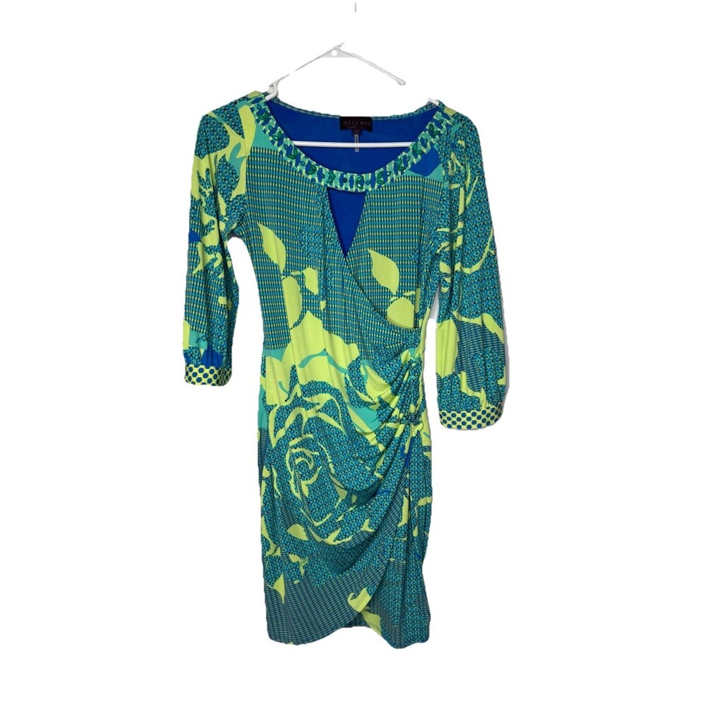 Hale Bob Size XS Printed  Dress Green Blue Jewel Keyhole Colorful Ruched